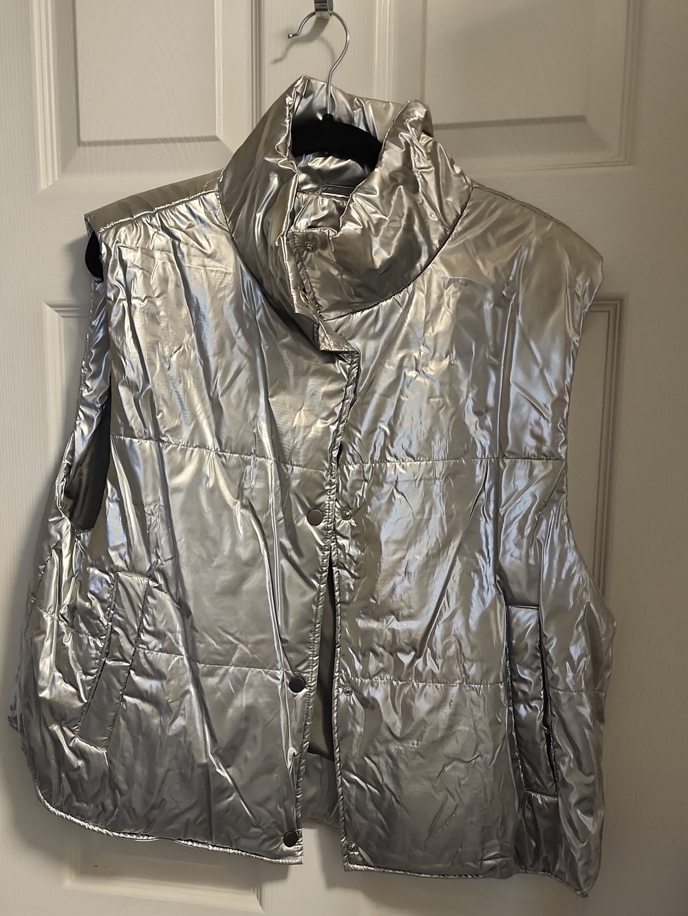 Women's Metallic Silver Puffer Vest - High Collar Sleeveless Coat